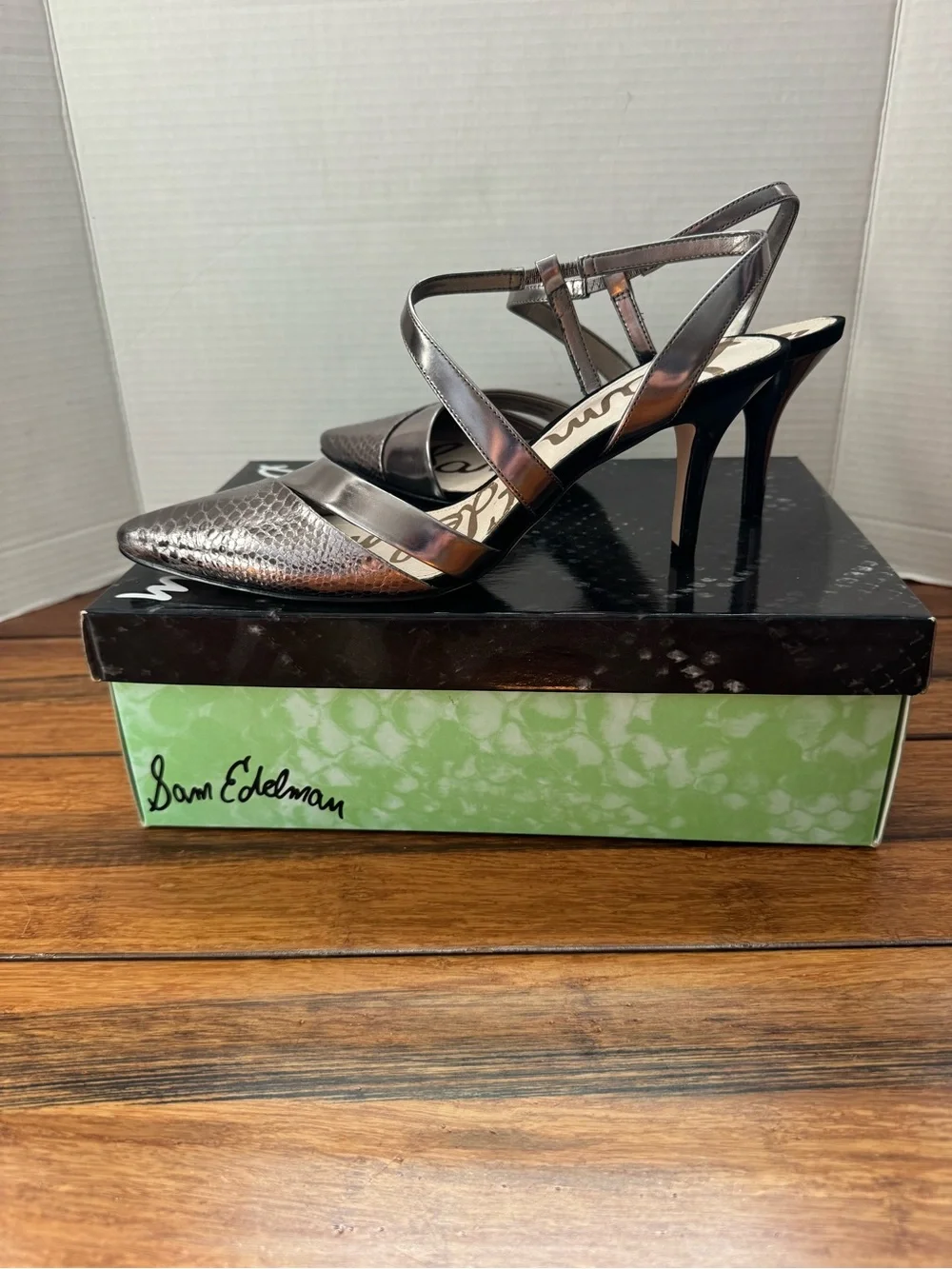 NIB Sam Edelman Othello Pewter Silver Leather Women’s Strappy Heels Size 8.5